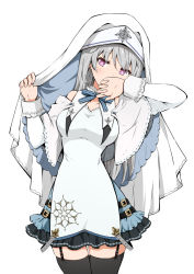 Rule 34 | 1girl, arms up, bare shoulders, black thighhighs, blue skirt, breasts, capelet, commentary request, dress, garter straps, grey hair, hair between eyes, highres, long hair, long sleeves, looking at viewer, medium breasts, nun, original, purple eyes, ragho no erika, simple background, skirt, solo, thighhighs, veil, very long hair, white background, white capelet, white dress