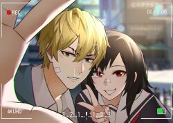 1boy 1girl bandage_on_face bandage_on_nose bandages black_hair black_serafuku blonde_hair blurry blurry_background city commentary_request couple durarara!! fingernails genderswap genderswap_(mtf) grey_eyes grin hair_between_eyes heiwajima_shizuo hetero highres long_fingernails long_hair looking_at_viewer orihara_izaya outdoors portrait reaching reaching_towards_viewer recording red_eyes sailor_collar sanjiao school_uniform serafuku shirt short_hair smile v viewfinder white_sailor_collar white_shirt