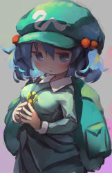 Rule 34 | 1girl, backpack, bag, blouse, blue eyes, blue hair, blue shirt, chii (tsumami tsumamare), collarbone, flat cap, green hat, grey background, hair bobbles, hair ornament, hat, highres, kawashiro nitori, key, long sleeves, looking at viewer, open mouth, own hands together, shirt, short hair, solo, touhou, two side up, upper body