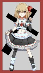 Rule 34 | 1girl, alternate costume, asymmetrical footwear, asymmetrical legwear, asymmetrical sleeves, blonde hair, border, clothing cutout, collarbone, crop top, cross, full body, grey background, hair ribbon, highres, idol, light smile, looking at viewer, manekinekoppoi inu, mary janes, midriff, mismatched footwear, mismatched legwear, mismatched sleeves, outside border, red border, red eyes, red neckwear, red ribbon, ribbon, rumia, shoes, short hair, shoulder cutout, single thighhigh, skirt, skirt hold, socks, standing, thighhighs, touhou, wrist cuffs