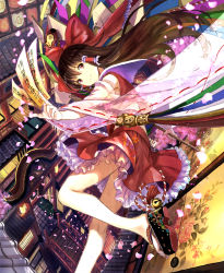 Rule 34 | 1girl, absurdres, architecture, bell, bow, bridge, brown eyes, brown hair, coin, detached sleeves, dress, east asian architecture, ema, embellished costume, floral print, fuzichoco, gold, hair bow, hair tubes, hakurei reimu, highres, koban (gold), lantern, long hair, long sleeves, looking at viewer, maneki-neko, matching hair/eyes, md5 mismatch, ofuda, petals, red dress, revision, ribbon-trimmed sleeves, ribbon trim, smile, solo, spell card, torii, touhou, town, very long hair, wide sleeves
