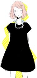 Rule 34 | 1girl, black dress, braid, closed eyes, closed mouth, dress, grey background, jewelry, long sleeves, multicolored background, nanami haruka, necklace, pearl necklace, pink hair, short hair, smile, solo, unm777, uta no prince-sama, yellow background