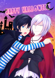 Rule 34 | 10s, 2boys, arm on another&#039;s shoulder, bad id, bad pixiv id, bat (animal), black hair, blue eyes, cape, crescent moon, crossed arms, devil survivor 2, ghost, halloween, houtsuin yamato, kuze hibiki, male focus, devil survivor, moon, multiple boys, protagonist (devil survivor 2), short hair, grey eyes, silver hair, striped, tiare2525