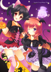 Rule 34 | 10s, 2girls, :d, ;), animal ears, animal hands, bent over, black hair, cat ears, dancing stars on me!, demon tail, elbow gloves, fake animal ears, gloves, hairband, halloween, hazumi rio, kemonomimi mode, looking at viewer, love live!, love live! school idol project, multiple girls, nishikino maki, one eye closed, open mouth, paw gloves, pleated skirt, purple eyes, red eyes, red hair, skirt, smile, tail, twintails, yazawa nico