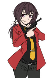 Rule 34 | &gt;:), 1girl, belt, belt buckle, black belt, black shirt, brown hair, buckle, closed mouth, cowboy shot, grey pants, gun, hair ribbon, handgun, highres, holding, holding gun, holding weapon, jacket, long hair, looking at viewer, ndtwofives, necktie, open clothes, open jacket, original, pants, purple eyes, red jacket, ribbon, shirt, simple background, smile, solo, standing, tie clip, v-shaped eyebrows, walther, walther p38, weapon, white background, white ribbon, yellow necktie