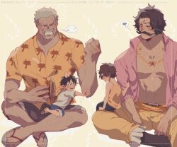 Rule 34 | 4boys, aged down, belt, black hair, blue shorts, boots, child, commentary request, crossed legs, dark-skinned male, dark skin, facial hair, gol d. roger, grey hair, hat, heart, height difference, highres, jewelry, looking at another, male focus, monkey d. garp, monkey d. luffy, multiple boys, muscular, muscular male, mustache, necklace, official alternate costume, old, old man, on lap, one piece, open clothes, open shirt, ovasayuri, pants, pink shirt, portgas d. ace, profile, puff of air, sandals, scar, scar on face, shirt, short hair, shorts, sigh, simple background, smile, straw hat, tank top, thought bubble, white shirt, wrinkled skin, yellow pants