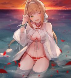 Rule 34 | 1girl, ;d, ahoge, bead bracelet, beads, bikini, blonde hair, bracelet, breasts, fate/grand order, fate (series), green eyes, hair intakes, highres, jewelry, long hair, looking to the side, medium breasts, navel, nero claudius (fate), nero claudius (fate) (all), nero claudius (swimsuit caster) (fate), nero claudius (swimsuit caster) (third ascension) (fate), ocean, one eye closed, open mouth, partially submerged, petals, shallow water, sitting, smile, solo, striped bikini, striped clothes, sunset, swimsuit, tym taro, water