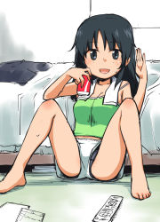 Rule 34 | 1girl, :d, barefoot, black hair, camisole, casual, character request, coca-cola, feet, female focus, highres, indoors, long hair, ogihara mach, open mouth, panties, short shorts, shorts, sitting, smile, soda, solo, toes, towel, towel around neck, underwear, upshorts