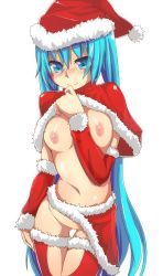 Rule 34 | 1girl, aqua eyes, aqua hair, bad id, bad pixiv id, blush, breasts, detached sleeves, hat, hatsune miku, highres, jack dempa, long hair, navel, nipples, santa costume, santa hat, simple background, small breasts, smile, solo, thigh gap, thighhighs, twintails, very long hair, vocaloid, white background