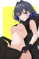Rule 34 | 1girl, absurdres, alternate breast size, areola slip, black bra, black hair, black thighhighs, blue eyes, blue hair, border, bottomless, bow, bow earrings, bra, breasts, chain, chain headband, colored inner hair, earrings, hair intakes, head chain, highres, hololive, hololive english, jewelry, looking at viewer, medium breasts, multicolored hair, navel, ouro kronii, parted lips, short hair, sitting, solo, stomach, thighhighs, tree 0204, turtleneck, underboob, underwear, virtual youtuber, white border
