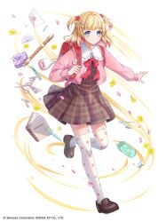 1girl absurdres alice_(risdom) backpack bag bento blonde_hair blue_eyes book brown_footwear character_request copyright_notice flute full_body highres instrument kusunokinawate official_art pen pencil_case pink_streaks randoseru red_bag risdom shoes smile socks transparent_background white_socks