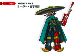Rule 34 | 1boy, amputee, cape, countershade (mighty no. 9), dart, gun, hat, hat over eyes, male focus, mighty no. 9, mouth hold, official art, poncho, rifle, robot, scope, sniper rifle, solo, sombrero, spurs, weapon