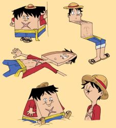 Rule 34 | 1boy, black hair, facial scar, hat, highres, monkey d. luffy, multiple tails, multiple views, one piece, parody, scar, scar on cheek, scar on chest, scar on face, scoobandshag, simple background, sitting, straw hat, style parody, tail, tom (tom and jerry), tom and jerry, yellow background