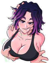 Rule 34 | 1boy, 1girl, age difference, boku no hero academia, grabbing another&#039;s breast, breasts, cleavage, collarbone, electricity, energy, grabbing, hensket, highres, lady nagant, large breasts, lightning, looking at viewer, medium hair, midoriya izuku, multiple hands, naughty face, purple eyes, purple hair, scar, scar on hand, simple background, smile, sports bra, upper body, white background
