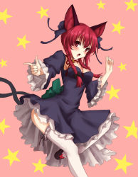 Rule 34 | 1girl, :d, absurdres, alternate costume, amagi (amagi626), animal ear fluff, animal ears, bell, black bow, black footwear, blue dress, blush, bow, braid, breasts, cat ears, cat tail, choker, cleavage, dress, fang, foot out of frame, footwear bow, hair between eyes, hair bow, hair ribbon, hand up, happy, highres, jingle bell, juliet sleeves, kaenbyou rin, long hair, long sleeves, multiple tails, neck bell, nekomata, open mouth, petticoat, pink background, pointing, puffy sleeves, red bow, red choker, red eyes, red hair, ribbon, simple background, sleeves past elbows, small breasts, smile, solo, standing, standing on one leg, star (symbol), starry background, tail, thighhighs, touhou, tress ribbon, twin braids, twintails, two tails, white thighhighs, wide sleeves