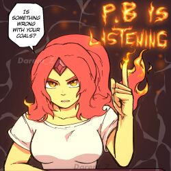 Rule 34 | 1girl, adventure time, artist name, chainsaw man, colored skin, commentary, darent z, english commentary, english text, fiery hair, fire, flame princess, forehead jewel, highres, long hair, looking at viewer, orange eyes, parted lips, pointing, pointing up, pyrokinesis, red hair, serious, shirt, short sleeves, simple background, solo, speech bubble, watermark, white shirt, yellow skin