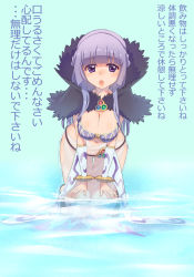 Rule 34 | 1girl, :o, bad id, bad pixiv id, bangle, blush, bottomless, bracelet, breasts, cleavage, jewelry, kawagoe pochi, kneeling, large breasts, leaning forward, long hair, looking at viewer, navel, partially submerged, purple eyes, purple hair, ragnarok online, see-through, solo, sorcerer (ragnarok online), thigh gap, translation request, water