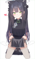 Rule 34 | 1girl, animal ears, black dress, black hair, blue archive, blush, china dress, chinese clothes, clothes lift, dress, green eyes, grin, hair ornament, halo, heart, highres, kneeling, lifting own clothes, long hair, looking at viewer, pelvic curtain, pelvic curtain lift, short sleeves, shun (blue archive), shun (small) (blue archive), simple background, smile, solo, thighhighs, tsumayouji (tumayog), white background, white thighhighs