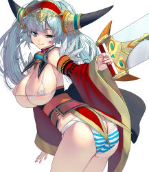 Rule 34 | 1girl, ass, blade, blue eyes, blue hair, breasts, butt crack, cleavage, fangs, highres, horns, huge breasts, kouno (masao), leaning forward, long hair, naughty face, nipples, one eye closed, original, simple background, solo, thighs, twintails, white background
