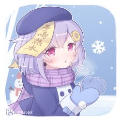 Rule 34 | 1girl, alternate costume, blurry, coat, coin hair ornament, commentary request, depth of field, genshin impact, hair between eyes, hair ornament, hat, ice crystal, jiangshi, long hair, long sleeves, looking at viewer, low ponytail, mittens, ofuda, plaid, plaid scarf, purple eyes, purple hair, purple scarf, qiqi (genshin impact), scarf, sidelocks, simple background, snowing, snowman, softrabbit, solo, visible air, winter clothes, winter coat
