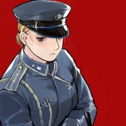 Rule 34 | 1girl, aina-san, blonde hair, blue eyes, blue hat, brown eyes, commentary request, earrings, from behind, fullmetal alchemist, hair bun, hat, jewelry, looking at viewer, military, military uniform, peaked cap, red background, riza hawkeye, simple background, single hair bun, solo, uniform, upper body