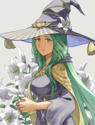 Rule 34 | 1girl, fire emblem, fire emblem: three houses, fire emblem heroes, green eyes, green hair, halloween, halloween costume, hat, long hair, looking at viewer, nintendo, official alternate costume, pirihiba, rhea (fire emblem), rhea (halloween) (fire emblem), solo, witch, witch hat