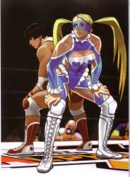 Rule 34 | 1990s (style), 2girls, ass-to-ass, back-to-back, bare shoulders, black hair, blonde hair, blue eyes, boots, breasts, cleavage, cleavage cutout, clothing cutout, cross-laced footwear, detached sleeves, hands on own knees, highres, ikeno daigo, knee pads, lace-up boots, large breasts, leotard, long hair, mask, multiple girls, nose, official art, rainbow mika, retro artstyle, scan, scan artifacts, short hair, shoulder cutout, simple background, street fighter, street fighter zero (series), twintails, wrestling mask, wrestling outfit, wrestling ring, yamato nadeshiko (street fighter)