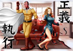 Rule 34 | 1boy, 1girl, android, artist name, bodysuit, boots, brown hair, cape, cosplay, couch, dress, gloves, high heels, indoors, japanese text, marvel, marvel cinematic universe, one-punch man, red eyes, saitama (one-punch man), saitama (one-punch man) (cosplay), scarlet witch, tatsumaki, tatsumaki (cosplay), vision (marvel), wanda maximoff, wandavision