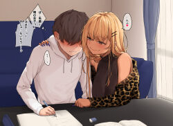 Rule 34 | 1boy, 1girl, animal print, blonde hair, book, brown hair, closed mouth, commentary request, dark-skinned female, dark skin, faceless, faceless male, gyaru, hair ornament, hairclip, hand on another&#039;s shoulder, highres, holding, holding pen, indoors, jacket, kogal, leopard print, long hair, long sleeves, looking at another, original, papino, pen, short hair, smile, speech bubble, tan, translation request, white jacket