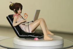 Rule 34 | barefoot, bow, brown hair, computer, dress, figure, laptop, open mouth, photo (medium), ponytail, sitting, solo