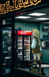 Rule 34 | 1girl, absurdres, blonde hair, boots, brown footwear, brown skirt, can, ceiling light, coca-cola, commentary request, denki enzanki, drink can, fanta, from outside, full body, green eyes, hair over shoulder, hand in pocket, highres, holding, holding can, indoors, jacket, knee boots, letterman jacket, long hair, long sleeves, looking at viewer, looking back, mirrored text, open mouth, photo background, pleated skirt, refrigerator, restaurant, skirt, smile, soda bottle, soda can, solo, standing, tile wall, tiles, tsurumaki maki, voiceroid, window