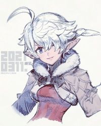 Rule 34 | 1girl, ahoge, alisaie leveilleur, blue eyes, breasts, cropped jacket, dated, elezen, elf, final fantasy, final fantasy xiv, fur trim, hair between eyes, hair over one eye, looking at viewer, lowres, medium breasts, parted lips, pointy ears, red shirt, sasaki tomomi, shirt, short hair with long locks, smile, solo, upper body, white hair