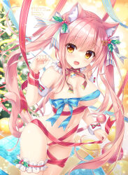 Rule 34 | 1girl, :d, ameto yuki, animal ear fluff, animal ears, blue ribbon, bow, box, breasts, brown eyes, cat ears, cat girl, cat tail, christmas, christmas ornaments, christmas tree, commentary request, gift, gift box, groin, hair between eyes, hair bow, hair ornament, hand up, large breasts, long hair, looking at viewer, naked ribbon, navel, open mouth, original, pink hair, red ribbon, ribbon, smile, solo, standing, striped, striped bow, tail, twintails, very long hair