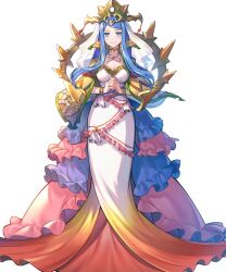 Rule 34 | 1girl, artist request, blue eyes, blue hair, bracelet, breasts, capelet, choker, cleavage, closed mouth, collarbone, crown, dress, female focus, fire emblem, fire emblem engage, fire emblem heroes, frilled dress, frills, full body, gold trim, gradient clothes, hands up, highres, interlocked fingers, jewelry, large breasts, layered dress, long dress, long hair, long skirt, looking at viewer, lumera (fire emblem), matching hair/eyes, mature female, medium breasts, nintendo, non-web source, official art, own hands together, skirt, smile, solo, standing, transparent background, veil