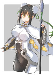 Rule 34 | 1girl, absurdres, arm guards, black hair, bodysuit, breasts, bun cover, cape, chinese clothes, closed mouth, cloud print, covered navel, double bun, fate/grand order, fate (series), fingerless gloves, gin moku, gloves, green eyes, hair bun, highres, holding, holding weapon, medium breasts, polearm, qin liangyu (fate), sidelocks, skin tight, smile, solo, spear, standing, weapon, white cape