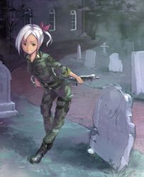 Rule 34 | 1girl, ankle boots, boots, breasts, cross, graveyard, grin, gun, kamome yuu, original, short hair, smile, solo, tombstone, weapon, white hair