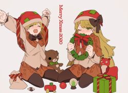 Rule 34 | 1boy, 1girl, 2020, arms up, bag, blonde hair, blush, brown pantyhose, capelet, checkerboard cookie, cookie, food, gift, green eyes, happy teddy bear, hat, holding, holding wreath, lobotomy corporation, long hair, long sleeves, merry christmas, mu46016419, one eye closed, open mouth, orange capelet, orange skirt, pantyhose, project moon, rudolta of the sleigh, santa hat, seiza, shirt, simple background, sitting, skirt, stuffed animal, stuffed toy, teddy bear, tiphereth a (project moon), tiphereth b (project moon), very long hair, wariza, white background, white shirt
