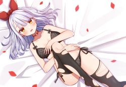 Rule 34 | 1girl, bare arms, bare shoulders, bed sheet, black thighhighs, blush, bow, bow bra, bra, breasts, choker, collarbone, commentary request, floral print, grey bra, grey panties, hair ribbon, itoi toi, looking at viewer, lying, medium breasts, no shoes, o-ring, o-ring choker, on back, original, panties, parted lips, petals, print bra, print panties, red choker, red ribbon, ribbon, side-tie panties, silver hair, solo, thighhighs, torn clothes, torn thighhighs, underwear, underwear only, yellow eyes