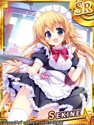Rule 34 | 1girl, ahoge, angel beats!, arm up, artist request, blonde hair, blue eyes, bonnet, breasts, character name, holding, long hair, looking at viewer, maid, official art, open mouth, sekine shiori, solo, wrist cuffs