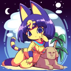 Rule 34 | 1girl, :&lt;, animal crossing, animal ears, ankha (animal crossing), barefoot, bikini, blue eyes, blue hair, blunt bangs, blush stickers, breasts, cat ears, cat girl, cat tail, cleavage, colored skin, egyptian, furry, furry female, looking at viewer, lying, micro bikini, nintendo, nollety, on side, palm tree, short hair, solo, sphinx, striped tail, swimsuit, tail, thighs, tree, yellow skin