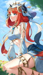 1girl absurdres aqua_eyes breasts bug butterfly butterfly_on_nose cape closed_mouth commentary crop_top detached_sleeves fake_horns genshin_impact harem_outfit highres horns insect jewelry long_hair long_sleeves medium_breasts midriff nilou_(genshin_impact) red_hair shorts smile solo stomach symbol-only_commentary veil very_long_hair white_cape white_sleeves yoitsuki_nema