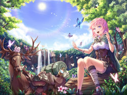 Rule 34 | 1girl, :d, absurdres, animal, animal on head, bad id, bad pixiv id, bandages, bird, bird on head, black shorts, blue butterfly, blue eyes, blue sky, bug, butterfly, chyopeuteu, cloak, corset, day, deer, dress shirt, forest, green cloak, highres, bug, knife, nature, on head, open mouth, original, outdoors, pink hair, purple butterfly, sheath, sheathed, shirt, short shorts, shorts, sitting, sky, smile, solo, sun, water, waterfall, white shirt