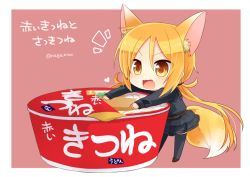 Rule 34 | 10s, 1girl, :d, animal ears, black skirt, black thighhighs, blonde hair, chibi, cup ramen, fang, food, fox ears, fox tail, hair tie, instant udon, kantai collection, kemonomimi mode, long hair, long sleeves, looking at viewer, maruchan akai kitsune udon, nagasioo, noodles, open mouth, orange eyes, outside border, parted bangs, pink background, ponytail, satsuki (kancolle), simple background, skirt, smile, solo, standing, tail, thighhighs, twintails, twitter username, udon, very long hair