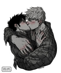 Rule 34 | 2boys, arms around neck, bara, black hair, blonde hair, blush, closed eyes, collared shirt, couple, cris art, cropped torso, ear piercing, greyscale, head on another&#039;s shoulder, hulkling, kiss, male focus, marvel, monochrome, multiple boys, piercing, shirt, short hair, sideburns, spot color, thick eyebrows, white background, wiccan, yaoi