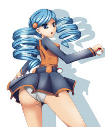 Rule 34 | 10s, 1girl, ace trainer (pokemon), ass, belt, blue eyes, blue hair, breasts, creatures (company), game freak, highres, looking back, matching hair/eyes, nintendo, npc trainer, open mouth, panties, pantyshot, poke ball, pokemon, pokemon bw, sideboob, simple background, skirt, solo, thighs, twintails, underwear, upskirt, white panties