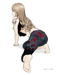 Rule 34 | 1girl, animal print, arm support, ass, back, barefoot, black shirt, bra, brown hair, bug, butterfly, butterfly print, capri pants, commentary, crop top, denim, english text, facing away, feet, from behind, full body, grey eyes, highres, insect, jeans, kneeling, legs, long hair, looking back, midriff, original, pants, poaro, red bra, shirt, shoulder tattoo, simple background, skull, skull print, soles, solo, swept bangs, tattoo, toes, twitter username, underwear, wavy hair, white background