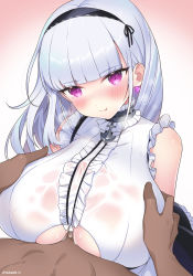 Rule 34 | 1boy, 1girl, :q, anchor, apron, azur lane, bad id, bad pixiv id, bare shoulders, black hairband, black skirt, blunt bangs, blush, grabbing another&#039;s breast, breasts, breasts squeezed together, center frills, clothing cutout, collar, cum, cum on body, cum on breasts, cum on upper body, dark-skinned male, dark skin, dido (azur lane), earrings, frilled shirt, frills, grabbing, gradient background, hairband, hetero, highres, huge breasts, jewelry, long hair, looking at viewer, maid, melo (meromero), paizuri, paizuri under clothes, penis, pov, purple eyes, shirt, silver hair, skirt, sleeveless, solo focus, sweat, tongue, tongue out, twitter username, underboob, underboob cutout, waist apron, white apron, white shirt