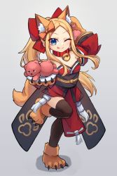 Rule 34 | 1girl, abigail williams (fate), animal ear fluff, animal hands, bare shoulders, bell, black thighhighs, blonde hair, blue eyes, blush, bow, breasts, collar, cosplay, detached sleeves, fate/extra, fate/grand order, fate (series), forehead, fox tail, full body, gloves, hair bow, highres, japanese clothes, jingle bell, kimono, long hair, looking at viewer, miya (miyaruta), neck bell, obi, parted bangs, paw gloves, paw shoes, plate, ponytail, red bow, red kimono, sash, shoes, sidelocks, small breasts, smile, stuffed animal, stuffed toy, tail, tamamo (fate), tamamo cat (fate), tamamo cat (fate) (cosplay), tamamo cat (first ascension) (fate), teddy bear, thighhighs, thighs, tongue, tongue out, wide sleeves