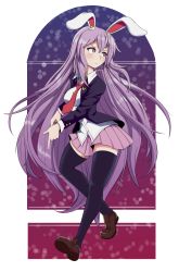 Rule 34 | 1girl, :/, animal ears, black thighhighs, blazer, blush, bmkro, bright pupils, brown footwear, buttons, collared shirt, commentary, crescent, crescent pin, english commentary, finger gun, full body, highres, jacket, light purple hair, loafers, long hair, long sleeves, looking to the side, miniskirt, necktie, pink skirt, pleated skirt, rabbit ears, red eyes, red necktie, reisen udongein inaba, shirt, shoes, sidelocks, simple background, skirt, soles, solo, suit jacket, thighhighs, touhou, transparent background, walking, white background, white pupils, white shirt, wing collar, wrist cuffs