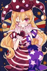 1girl @_@ american_flag_dress blonde_hair clownpiece commentary dress hat highres jester_cap katsuragi_atori long_hair looking_at_viewer one_eye_closed polka_dot_headwear puffy_short_sleeves puffy_sleeves red_eyes short_sleeves smile solo striped_clothes striped_dress touhou